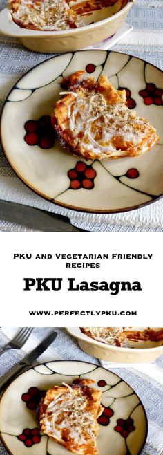 two plates with food on them and the words pku lasagna written below