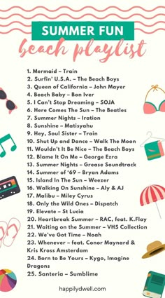 the summer fun beach playlist is shown in pink, green and white with an image of