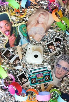 an assortment of photos and confetti on tinsel