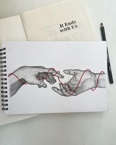 a drawing of two hands touching each other with red string attached to the palm of one hand