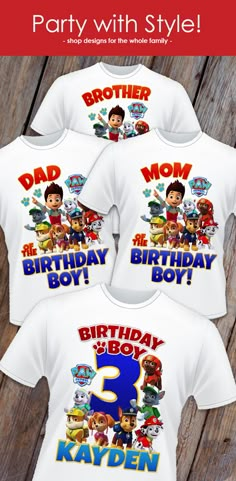 three birthday shirts with the name and age on them