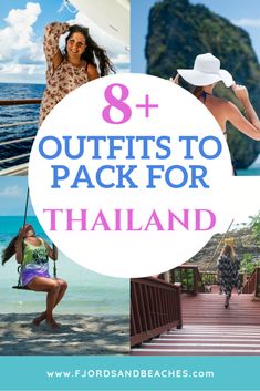 the words 8 outfits to pack for thailand with images of women in bikinis and hats