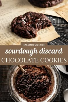 chocolate cookies are in a glass bowl and on top of a table with parchment paper