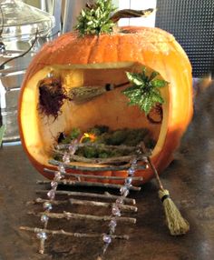 a pumpkin that has been carved to look like it's inside