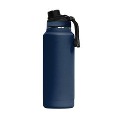 a blue water bottle with a black lid