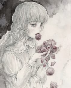 a drawing of a girl with roses in her hand