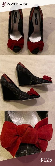 NWT Beverly Feldman wedges! Brand new! Chic plaid wedges with dark red accents. Definitely captures the vintage vibe! Never worn. Scuffs from being tried on at the store. Beverly Feldman Shoes Wedges Black/red Plaid Heels Size 11, Red Accents, Salvatore Ferragamo Flats, Womens Shoes Wedges, Vintage Vibes, Wedge Shoes, Leather Trims, Red Leather, Wedges