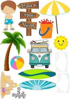 a beach scene with a van, palm tree and other things to do on the beach