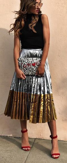 #winter #fashion / Black Top Metallic Pleated Skirt Red Strappy Sandals Metallic Pleated Skirt For Spring, Metallic Pleated Skirt Outfits, Chic Metallic Pleated Skirt, 100 Winter Outfits, Cute Summer Outfits For Teens, Summer Outfit For Teen Girls, Metallic Pleated Skirt, Skirt Heels, Printed Maxi Skirts