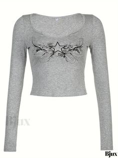 Bjux - Stylish Floral Print Notch Neck Crop T-Shirt: A Versatile Long Sleeve Top for Womens Spring and Fall Fashion Gray Y2k Tops For Spring, Gray Long Sleeve Top With Graphic Print, Gray Long Sleeve Tops With Graphic Print, Gray Stretch Top With Graphic Print, Gray Stretch Tops With Graphic Print, Gray Y2k Style T-shirt For Spring, Gray Y2k T-shirt For Spring, Fitted Gray Top With Letter Print, Gray Y2k Graphic Print Top