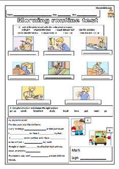 a worksheet for the morning routine with pictures and words on it's side