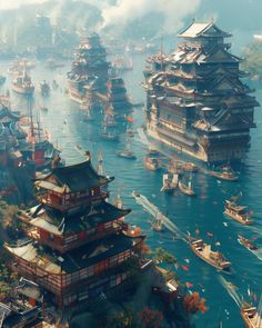 an aerial view of boats and buildings in the water