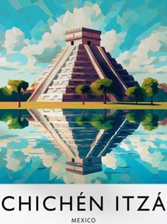 an image of a poster with the words chicken itza in front of water and trees