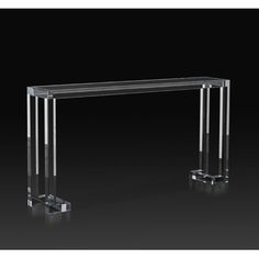 an acrylic glass console table with two legs and a clear top on a black background