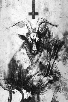 a black and white photo of a goat with a cross on it