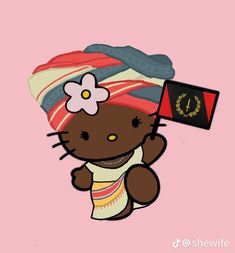 a hello kitty character holding a flag and wearing a turban on her head