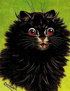 a painting of a black cat with red eyes and whiskers on it's fur