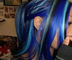 Green Blonde And Black Hair, Whole Head Dyed Hair, Hair Colour Ideas Colourful, Blue Purple Black Hair, Green Skunk Hair, Blue Calico Hair, Brown And Teal Hair, Blue Skunk Hair, Hot Hair Color Ideas