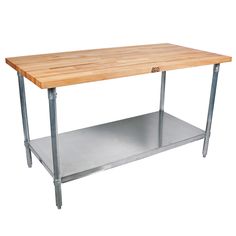 a stainless steel table with a wooden top and shelf on the bottom, against a white background