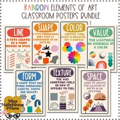 six classroom posters with different types of art