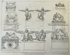 an old book with drawings of statues and sculptures on it's sides, including angels