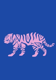 a pink tiger walking across a blue background