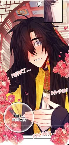 an anime character with long black hair and flowers