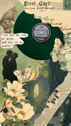 a collage with flowers, butterflies and an old record on top of the image