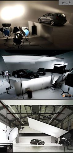 three different shots of a car in a garage with lights on and behind the cars