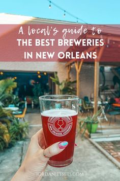 a person holding up a beer glass with the words, a local's guide to the best breweries in new orleans