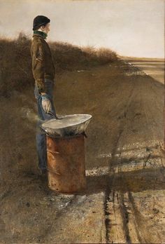 a painting of a man standing next to a trash can