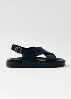 Crossover slingback sandals featuring X-shaped straps and molded insoles crafted from black leather | Enjoy up to 30% off when you shop on demand at ALOHAS. Chic Sandals, Walking Sandals, Slingback Sandals, Black Leather Sandals, Naha, Slingback Heel, Samoa, Slingback Sandal, Parking Lot