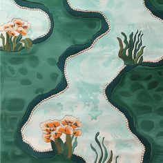 an abstract painting with flowers and plants in the water