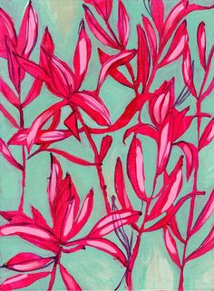 a painting of pink flowers on a green background