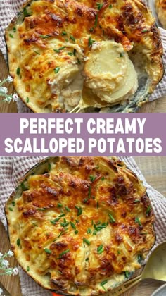 two different views of baked potato pies with text overlay that reads perfect creamy scalloped potatoes