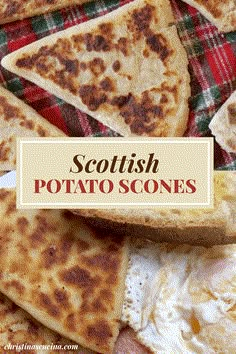 scottish potato scones with eggs and bacon on a plaid table cloth in front of the words, scottish potato scones