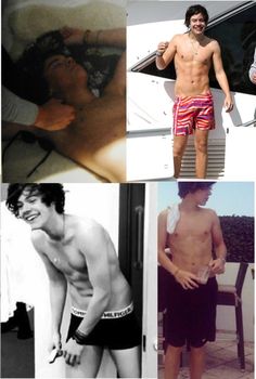 four different pictures of men in swim trunks