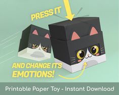 two black and white cats with yellow eyes are in a paper box that says press it and change its emotions