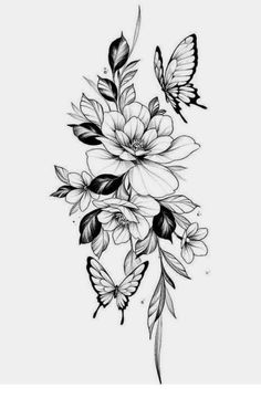 a black and white drawing of flowers with butterflies