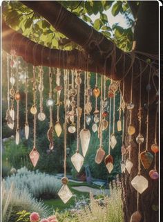 a tree filled with lots of different colored glass beads hanging from it's branches