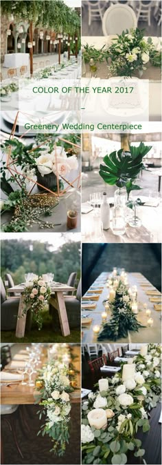 the wedding table is decorated with flowers and greenery