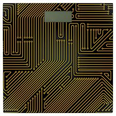 an electronic circuit board with yellow and black lines in the middle, on a dark background