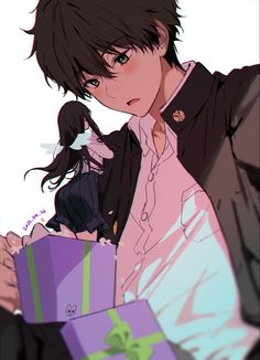 an anime character with long black hair holding two presents in his hands and looking at the camera