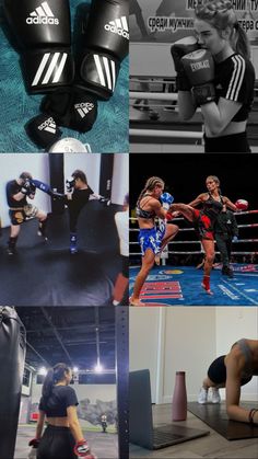 the collage shows various photos of women in boxing gear, including gloves and punching mitts