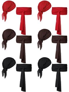 six different types of hats tied to each other in various styles and colors, including red, brown, black, and white