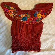 This Shirt Is So Beautiful. Hand Stitched. From Mexico. I Just No Longer Wear It. Looks So Damn Cute With A Highwaisted Skirt Or Jeans. Mexican Shirt Outfit, Highwaisted Skirts, Quince Themes, Mexican Shirts, Off The Shoulder Blouse, Mexican Dresses, Strawberry Shortcake, Quince, Jeans Dress