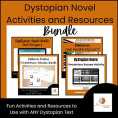 an orange and black book cover with text that reads, dystopian novel activities and resources bundle