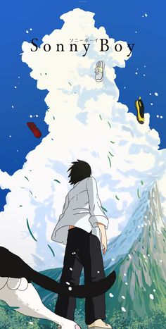 an anime character is standing in front of a mountain with snow and clouds above him