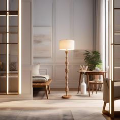 a living room filled with furniture next to a tall white lamp on top of a hard wood floor