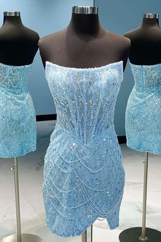 Light Blue Strapless Short Homecoming Dress Short Blue Formal Dresses, Light Blue Short Dress Formal, Blue Feather Dress Short, Sky Blue Homecoming Dresses, Neon Blue Homecoming Dress, Light Blue Fancy Dress Short, Homecoming Dress Light Blue, Hoco Dresses Blue Short, Senior Homecoming Dress Bodycon